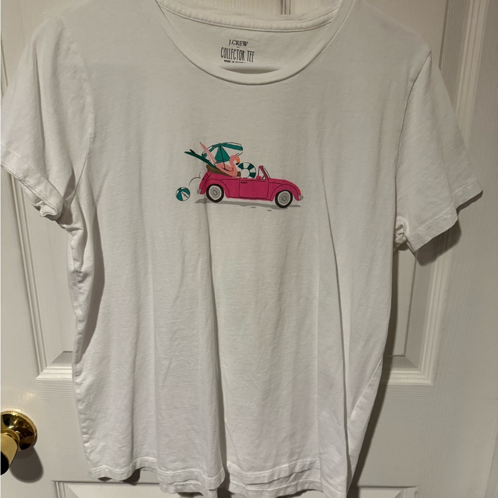 J. Crew White Tee with Pink Car Graphic